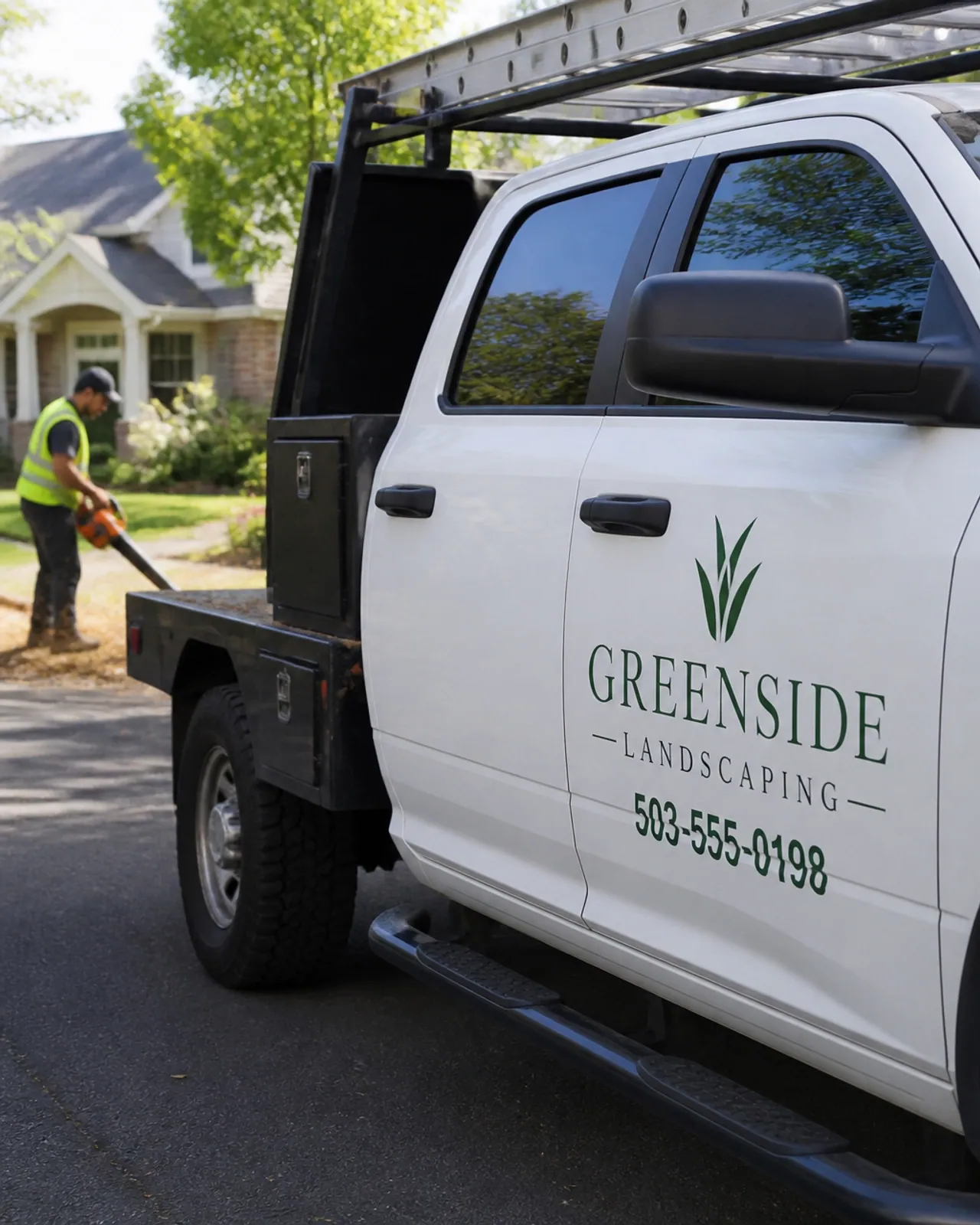 A landscaping truck with a business phone number, representing the front line of lead generation