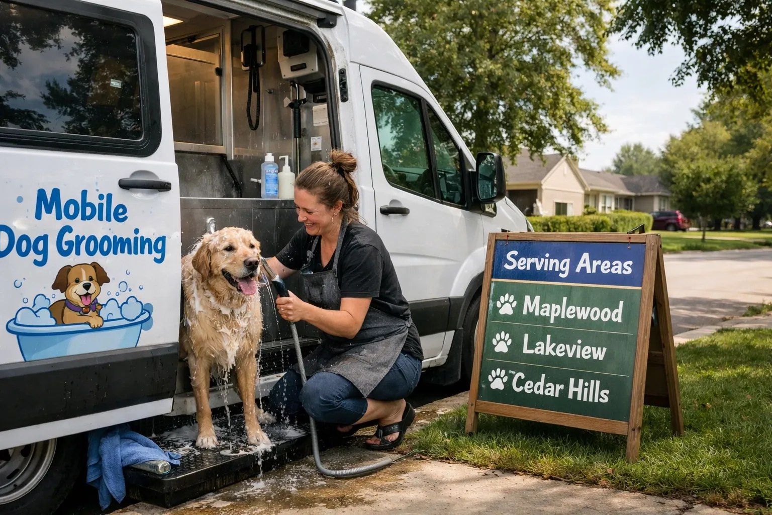 Mobile dog grooming van in a neighborhood with groomer working, real-world local service area vibe