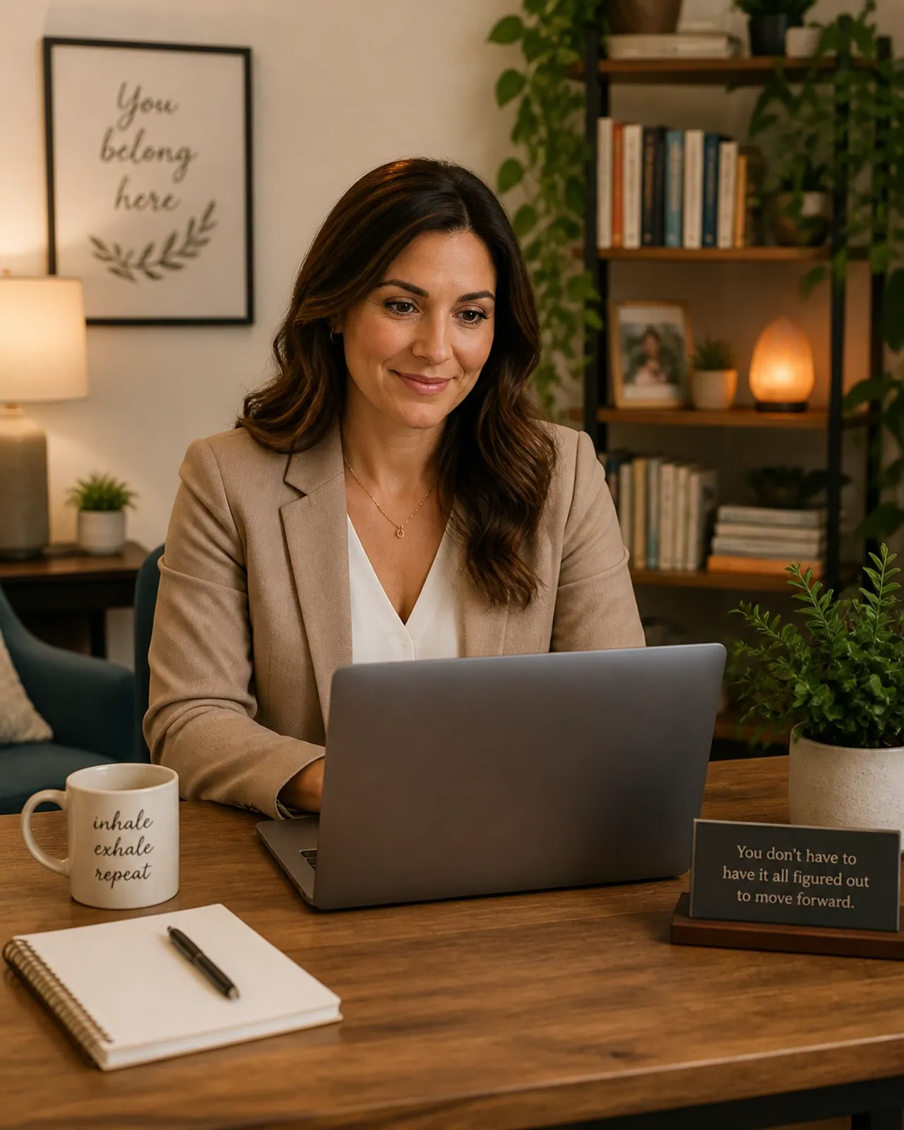 Counselor in a professional office looking at a laptop