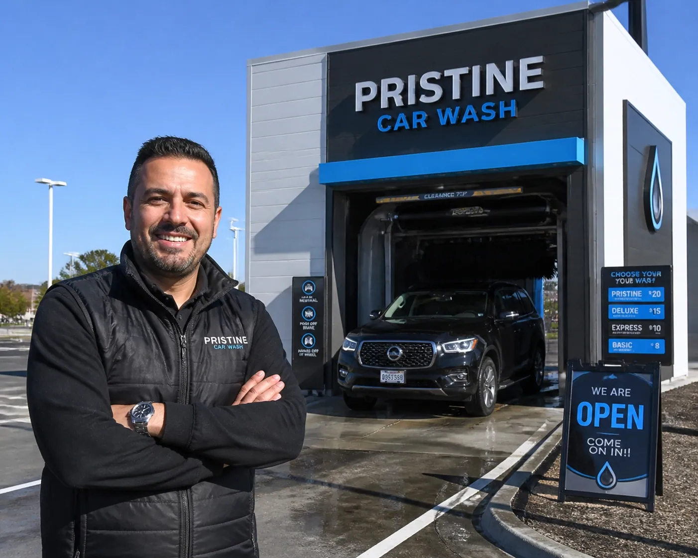 A proud car wash owner standing in front of his facility after a successful website project launch.