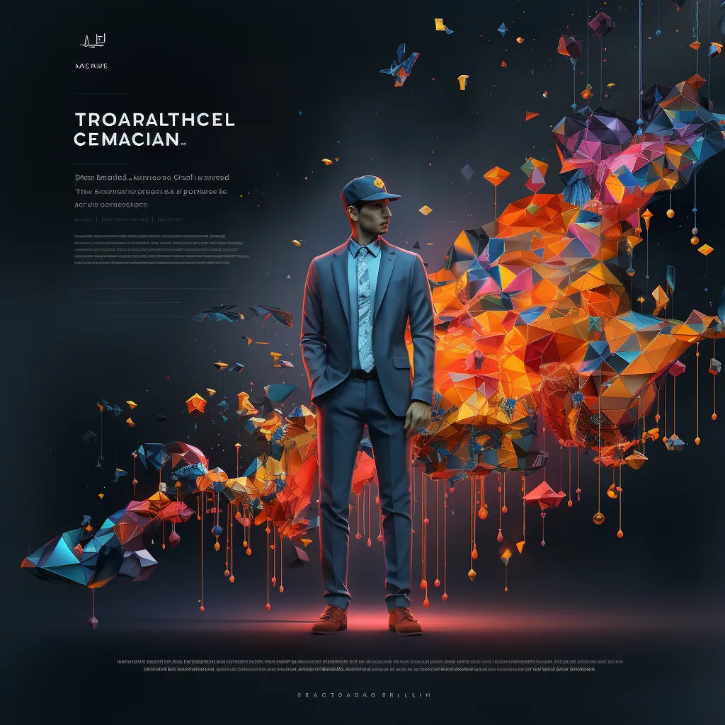 creative web design, man in a suite standing infront of a kaleidoscope of orange cubes exploding to the right