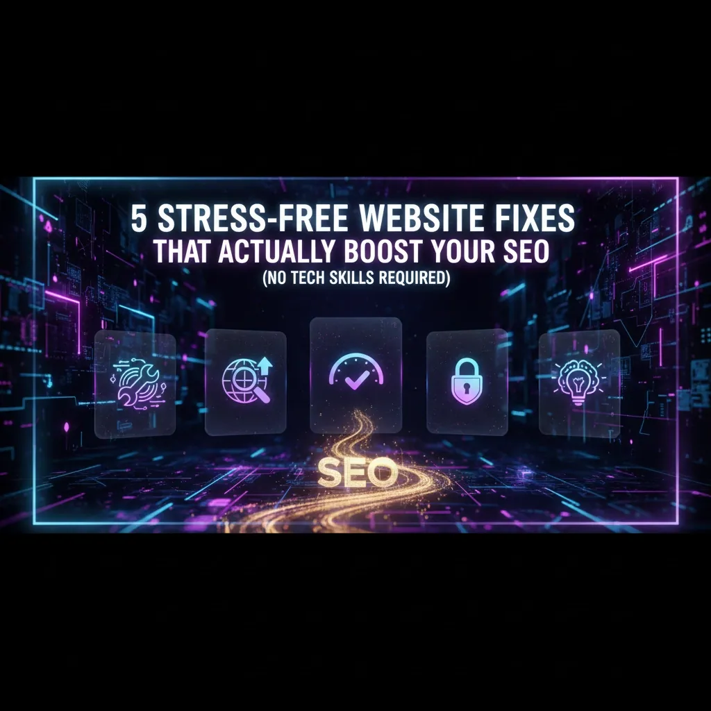 Digital graphic with neon icons and text: 5 Stress-Free Website Fixes That Actually Boost Your SEO (No Tech Skills Required). Perfect for service based small business website service, featuring glowing SEO and futuristic speed, analytics, and security icons.