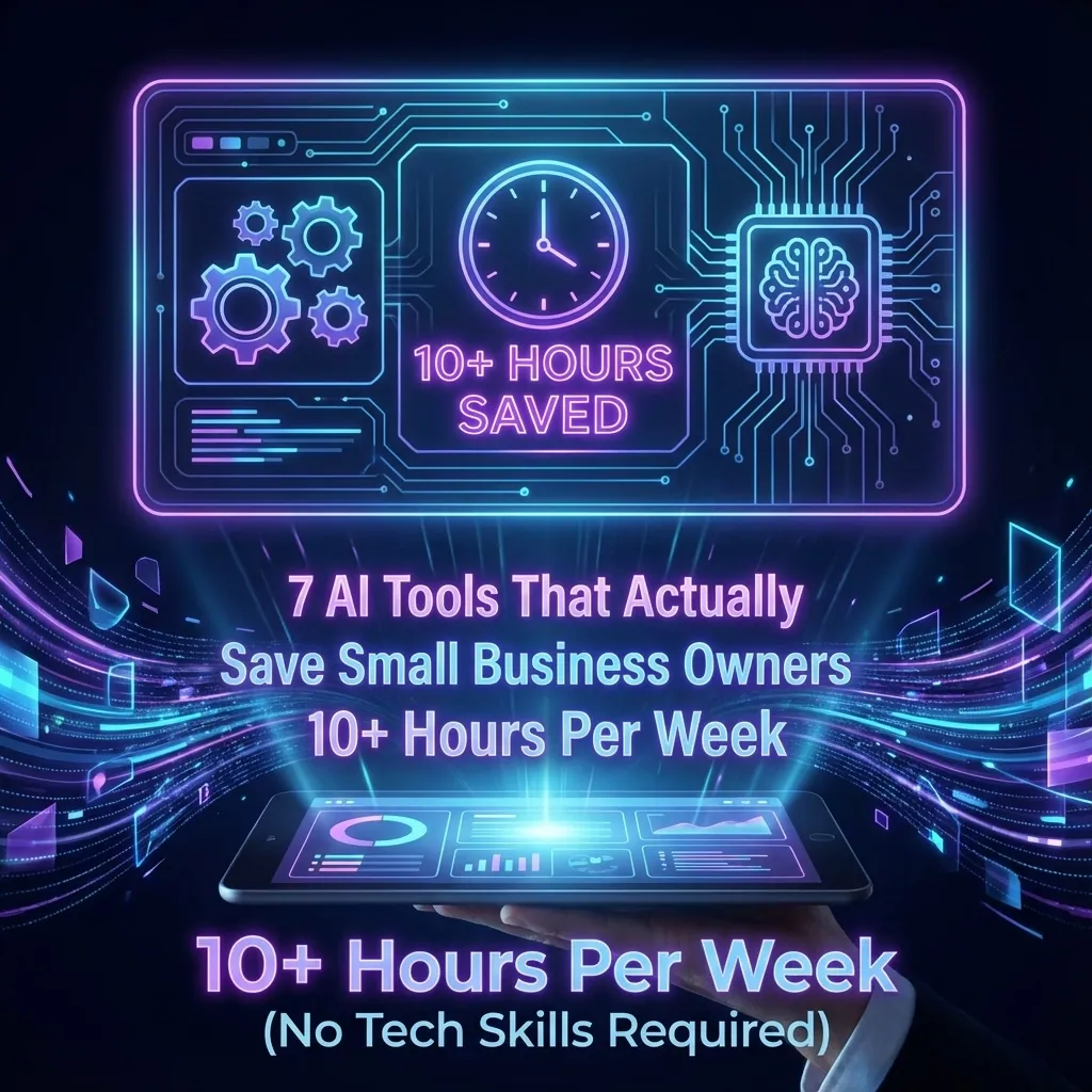 A futuristic digital graphic shows a tablet displaying holographic AI interface icons, a clock, and text: 10+ hours saved. Discover 7 AI tools that actually save service based small business owners time, perfect for any website service. No tech skills required.
