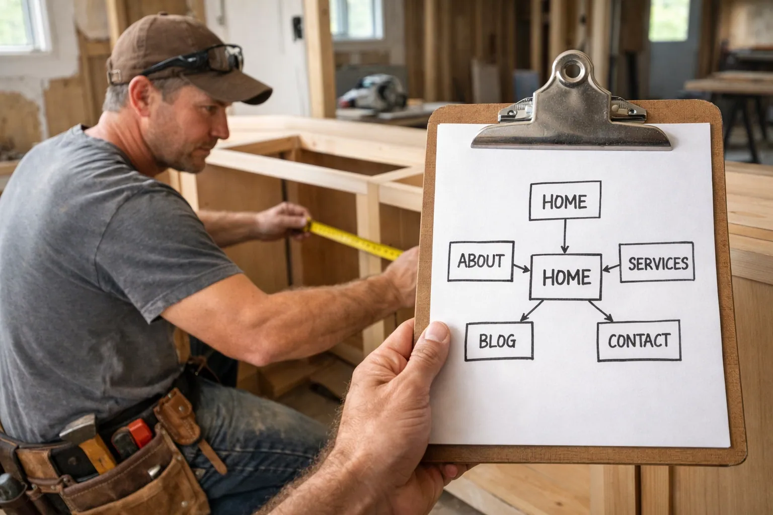 Carpenter building on-site while referencing a simple hub-and-spoke website sitemap sketch on a clipboard