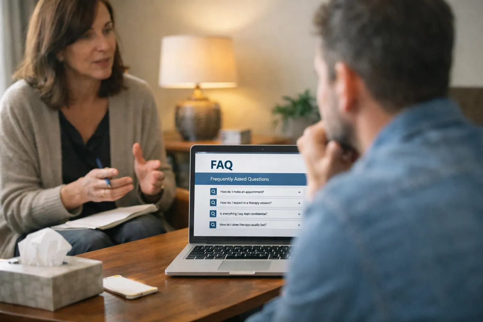 Counseling office scene with laptop showing an FAQ-style page layout, real-world, service-business context