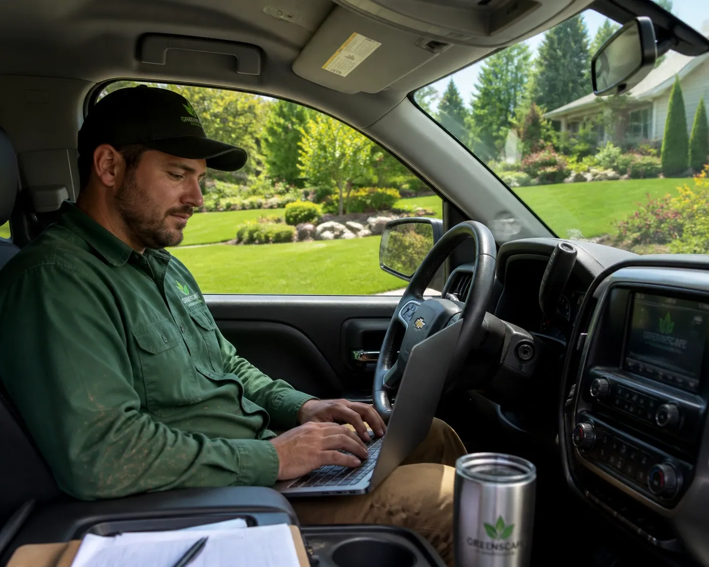 Landscaper using a laptop in his truck to manage small business automation tools between jobs.