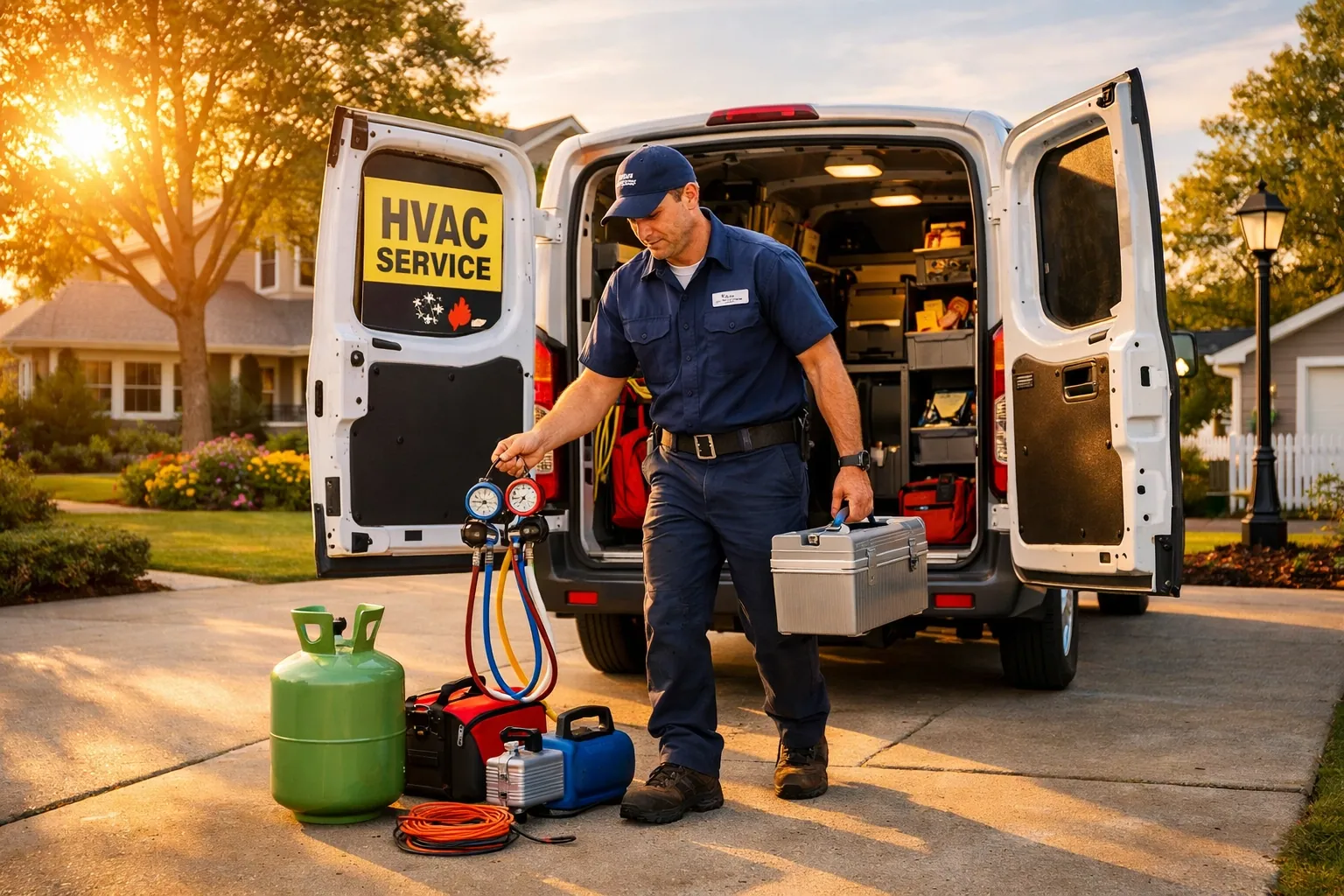 HVAC technician in suburban driveway demonstrating local reach and reliable small business service.