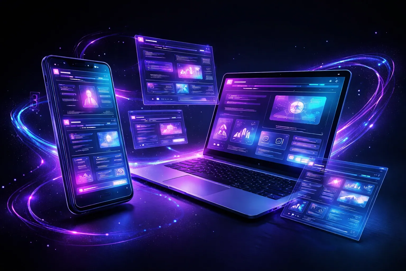 Modern devices display adaptive, glowing web design, highlighting challenges of maintaining a multi-device business website.