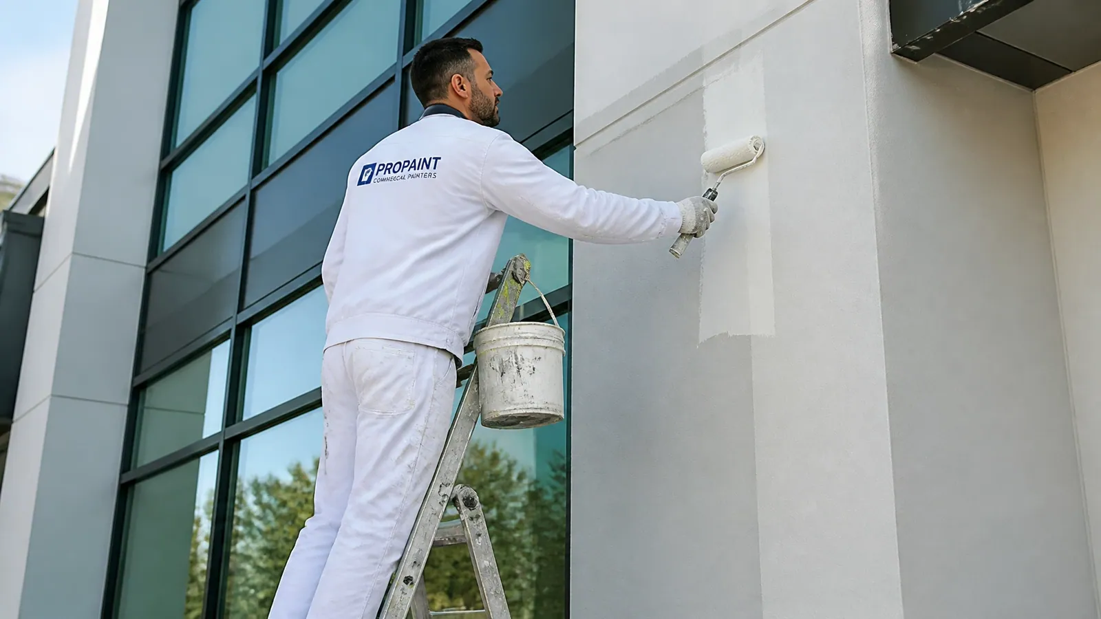 A professional painter working on a commercial building