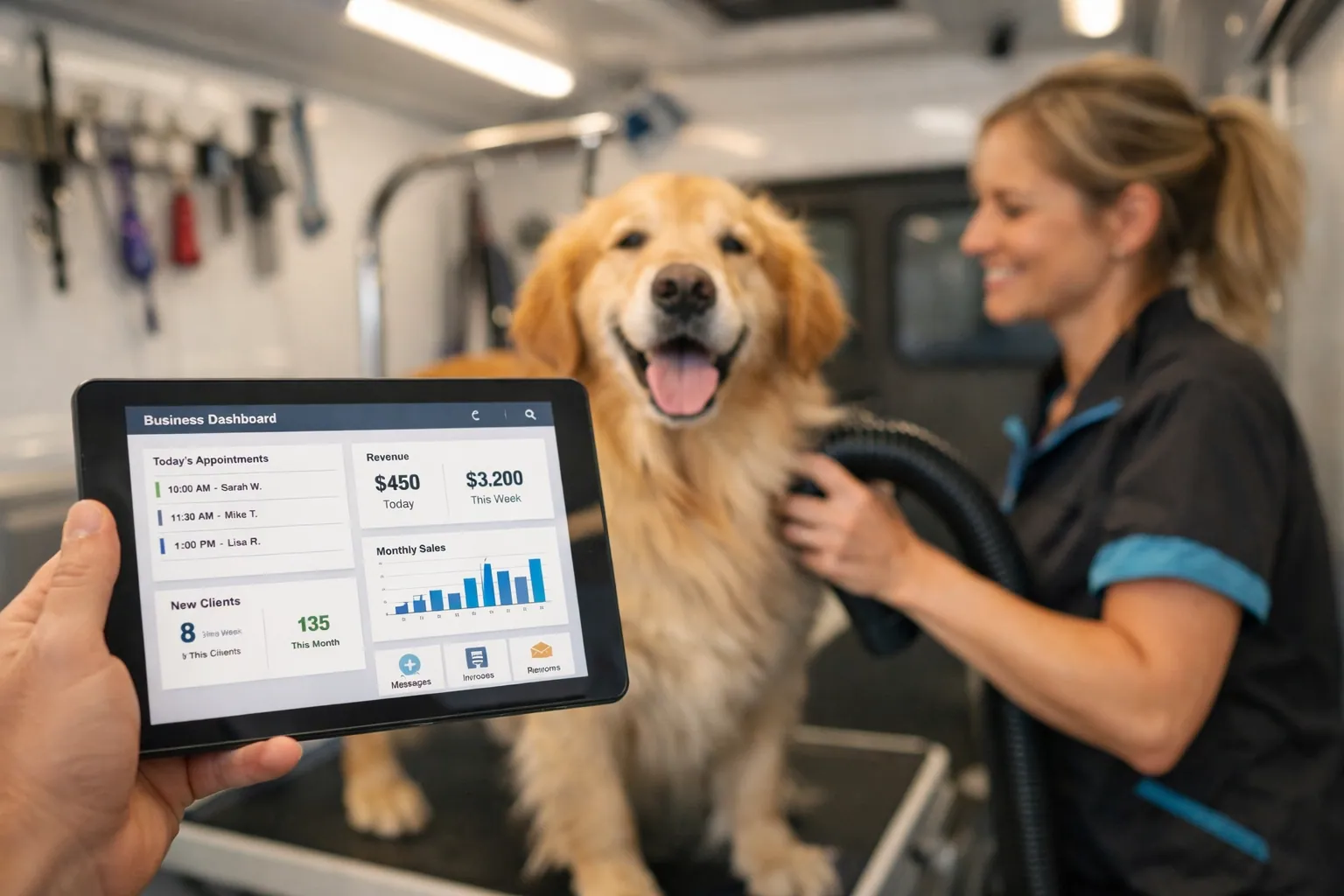 Mobile dog groomer using a tablet to manage digital presence and SEO optimization for small business.