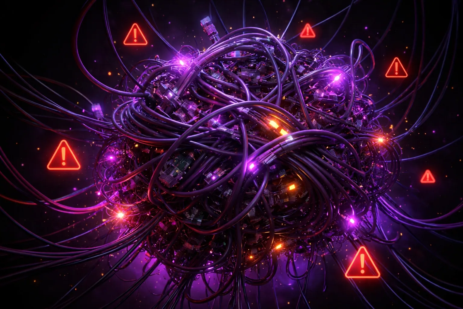 Chaotic tangle of digital cables symbolizes technical difficulties and website management stress for small businesses.