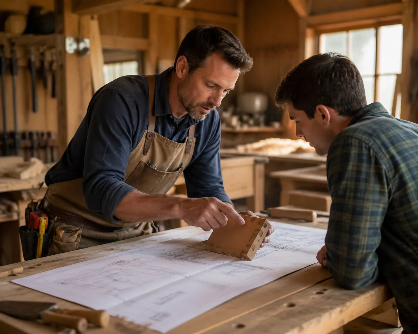 A local carpenter explaining blueprints to a client, highlighting clear messaging for small business web design.