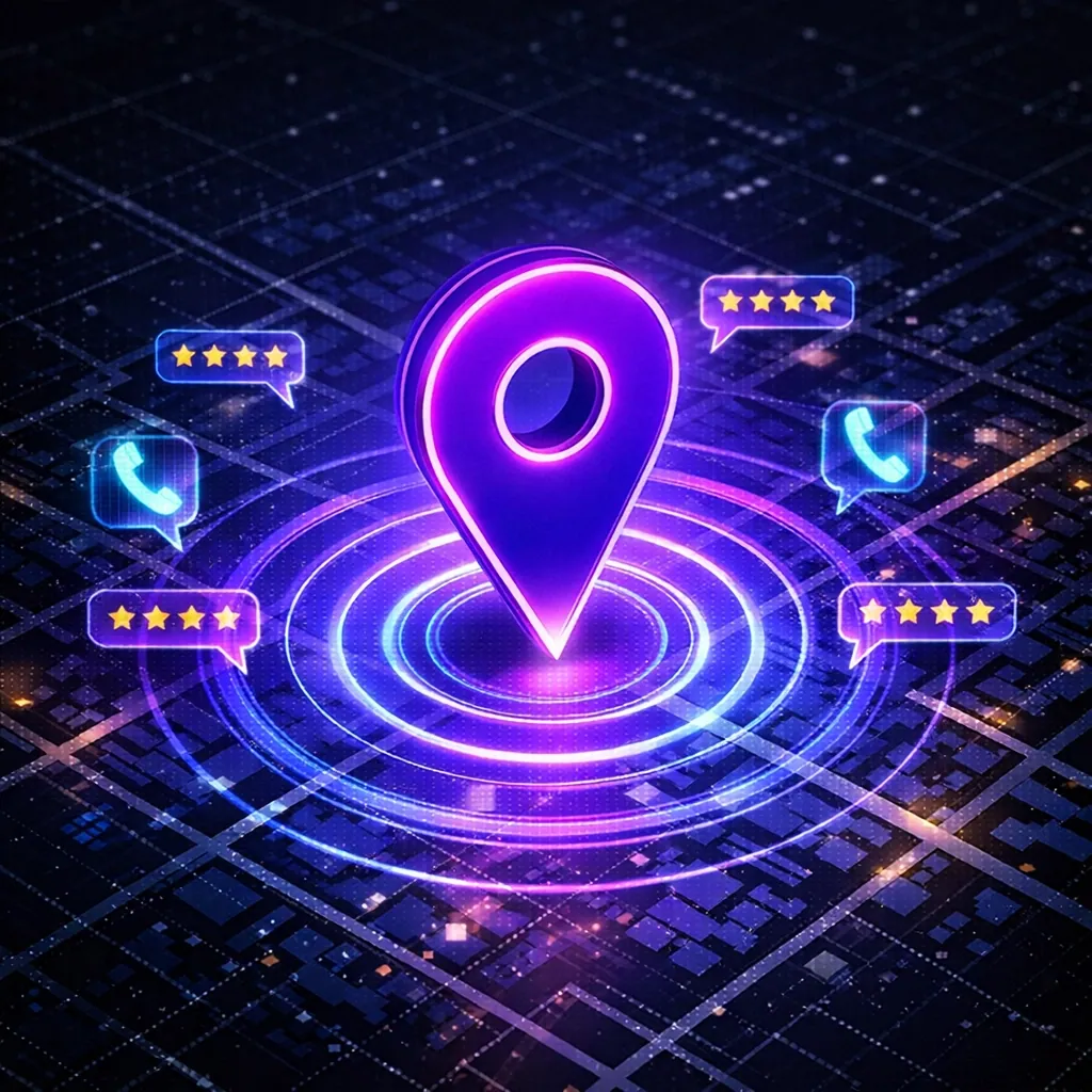 Local SEO map showing business location with customer reviews and call indicators