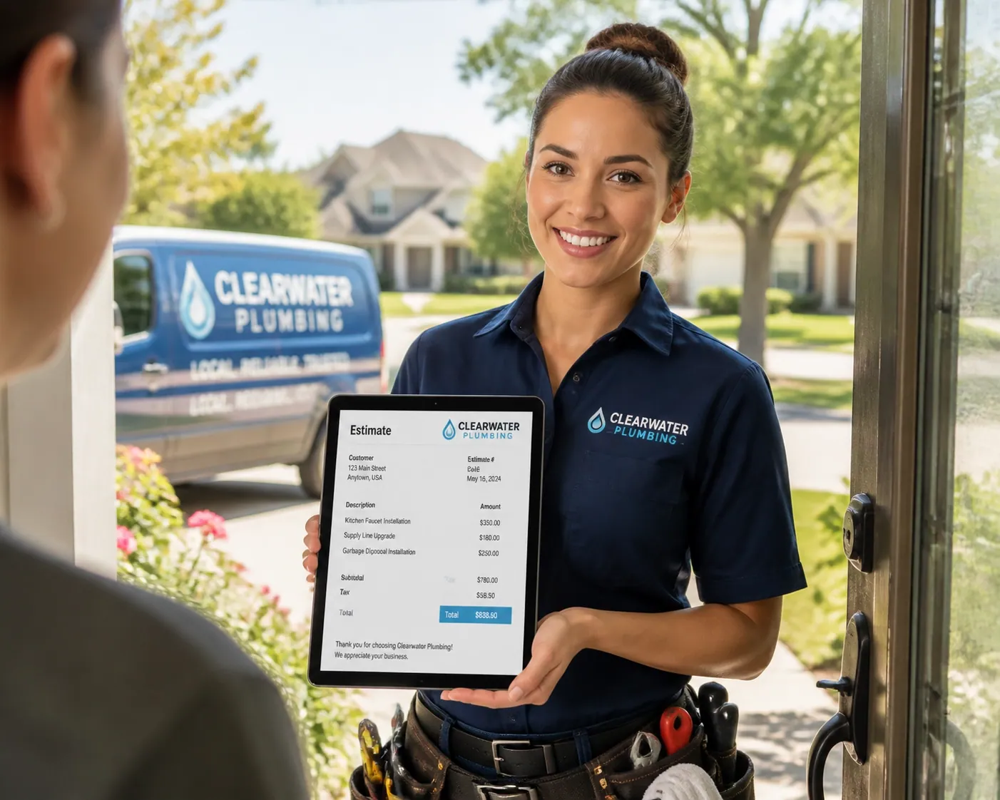 Professional plumber using a tablet to provide a digital estimate for a local service-based business.