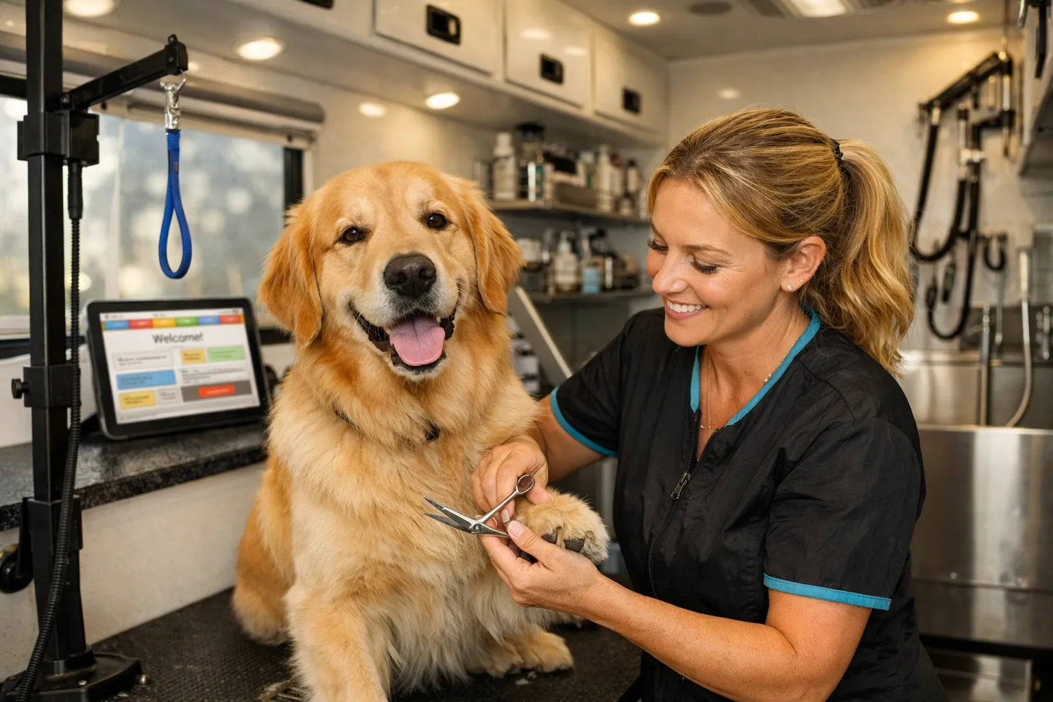 Dog groomer in a modern van with a tablet displaying a generic website template, highlighting the DIY vs custom choice.