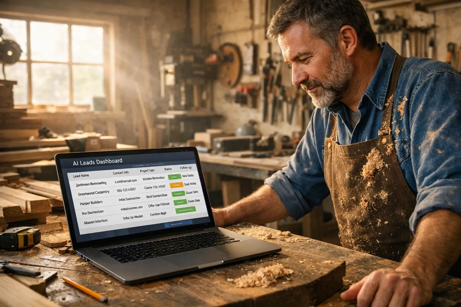 Carpenter reviewing new business leads on a laptop in his workshop via automated website CRM integration.