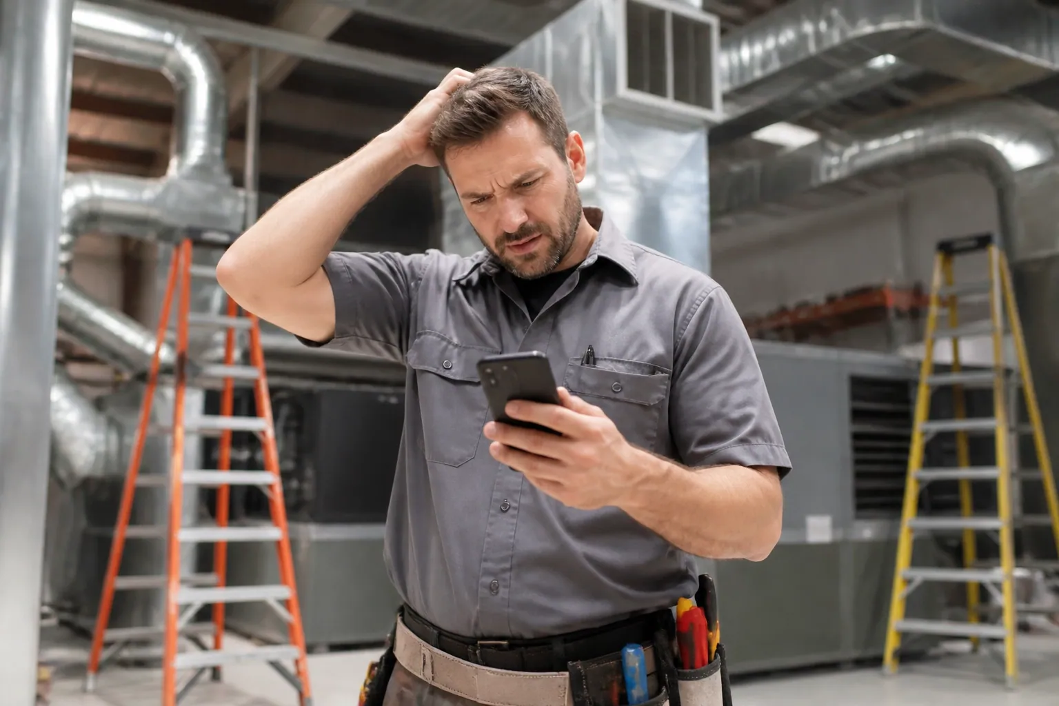 Frustrated HVAC technician waiting for a response, illustrating poor communication in web design projects.