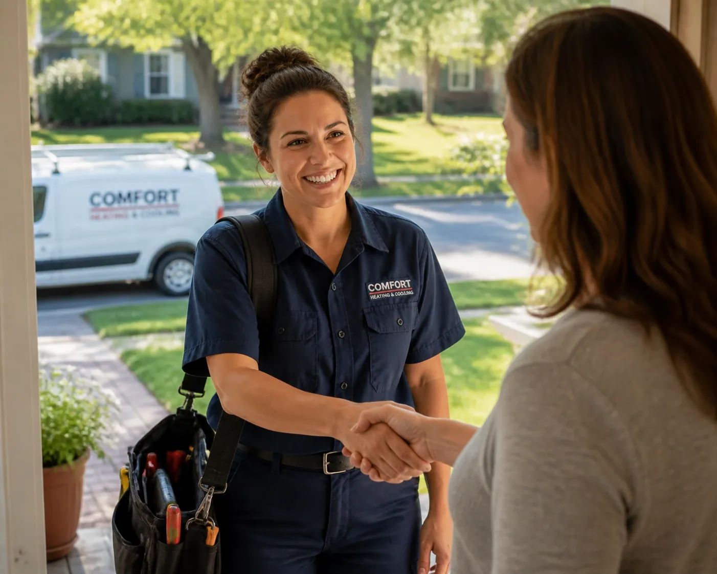 Local HVAC technician meeting a client after using practical AI tools for automated appointment booking.