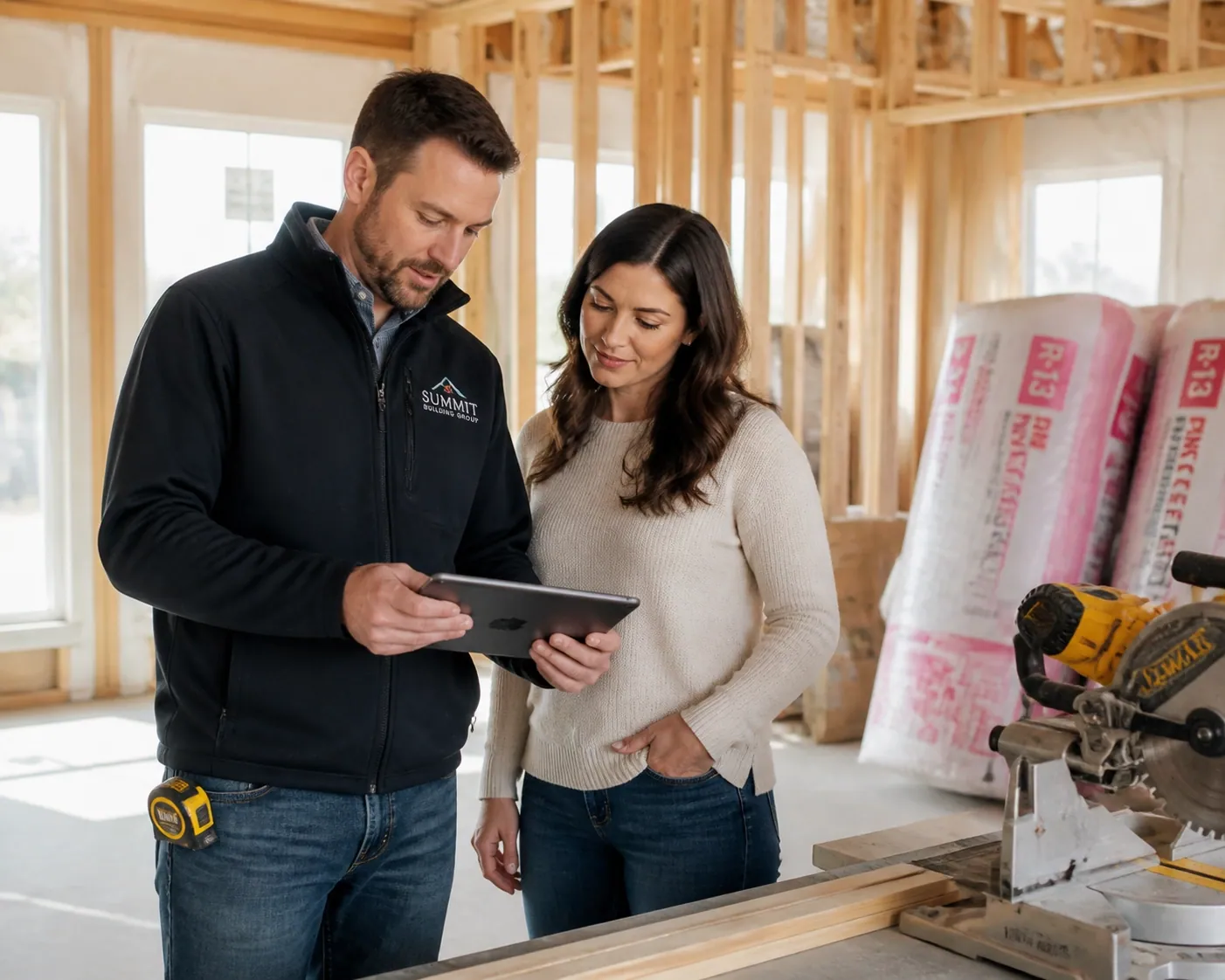 Contractor and client collaborating on website design feedback using a digital tablet.
