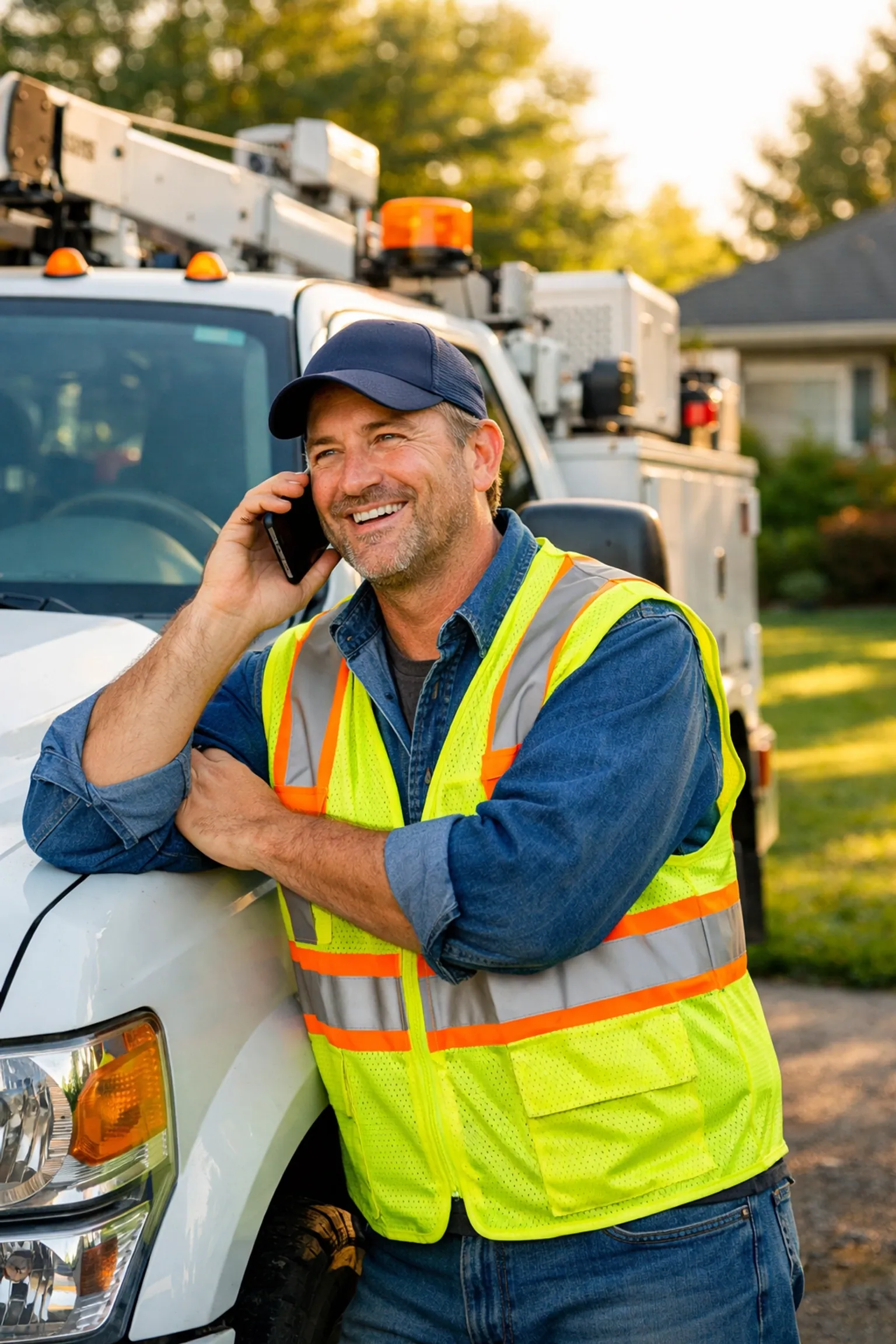 Successful service business owner talking on a smartphone next to a company truck in a residential area.