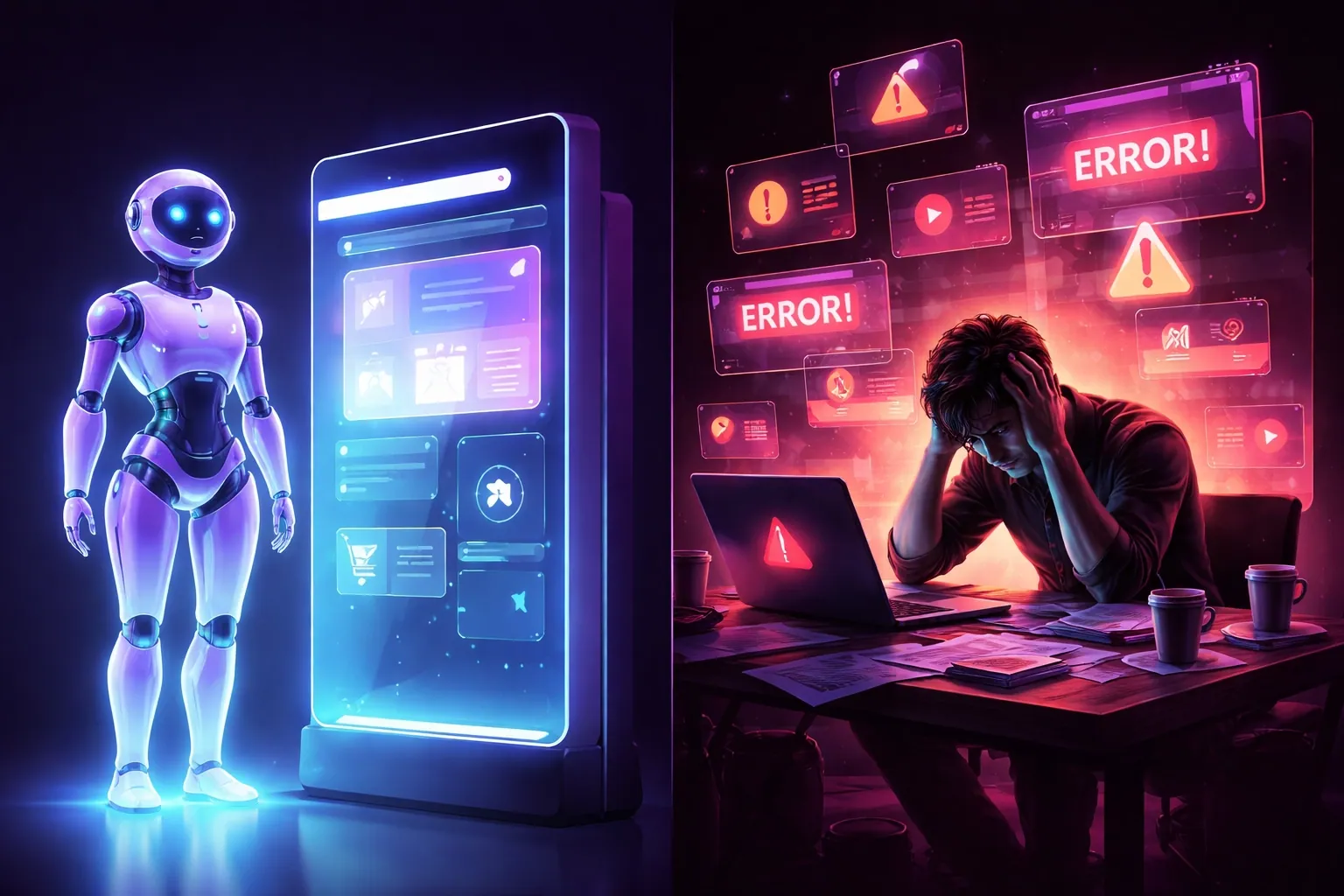 A glowing robot assistant stands calmly by a digital storefront while a stressed business owner struggles with website issues, illustrating the value of effective website maintenance services.