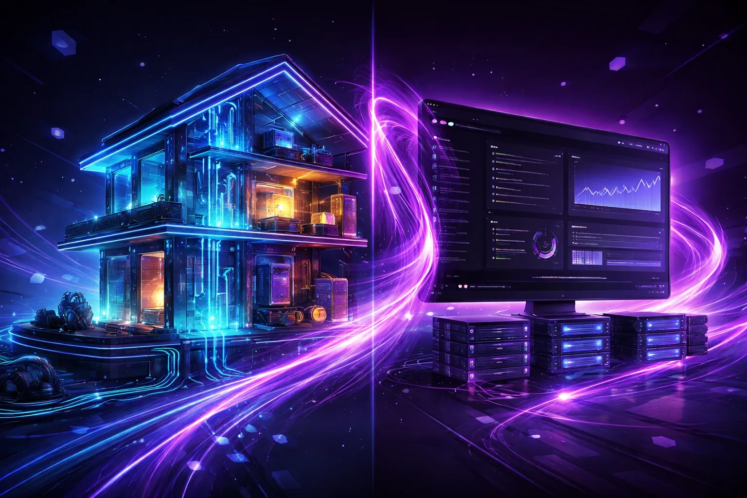 Futuristic scene comparing home repairs to website upkeep, highlighting the need for expert digital solutions.