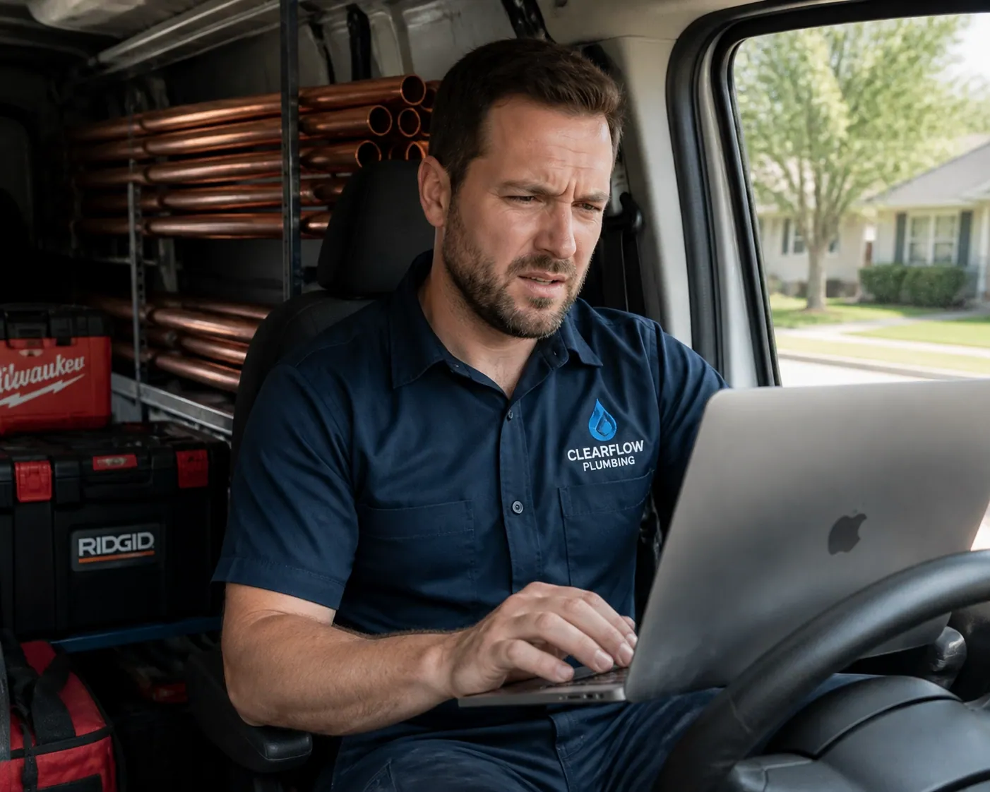 Frustrated plumber reviewing confusing website revision emails in his service truck.