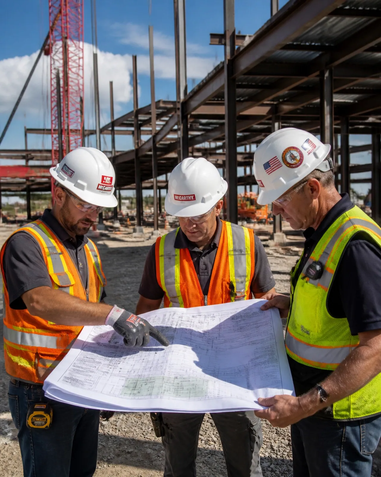 Commercial construction workers looking at blueprints