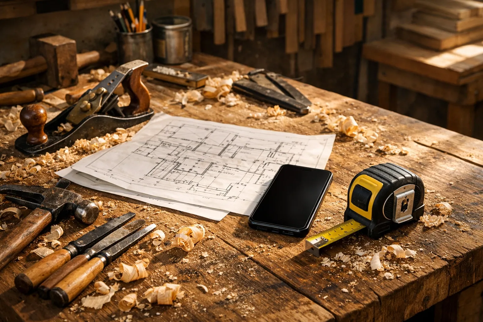 Carpenter workbench with smartphone representing detail-oriented SEO optimization for small business.