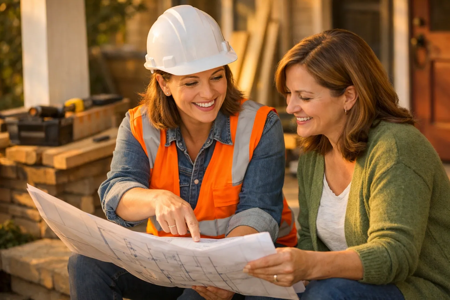 A contractor and homeowner discussing renovation plans to demonstrate professional trust signals.