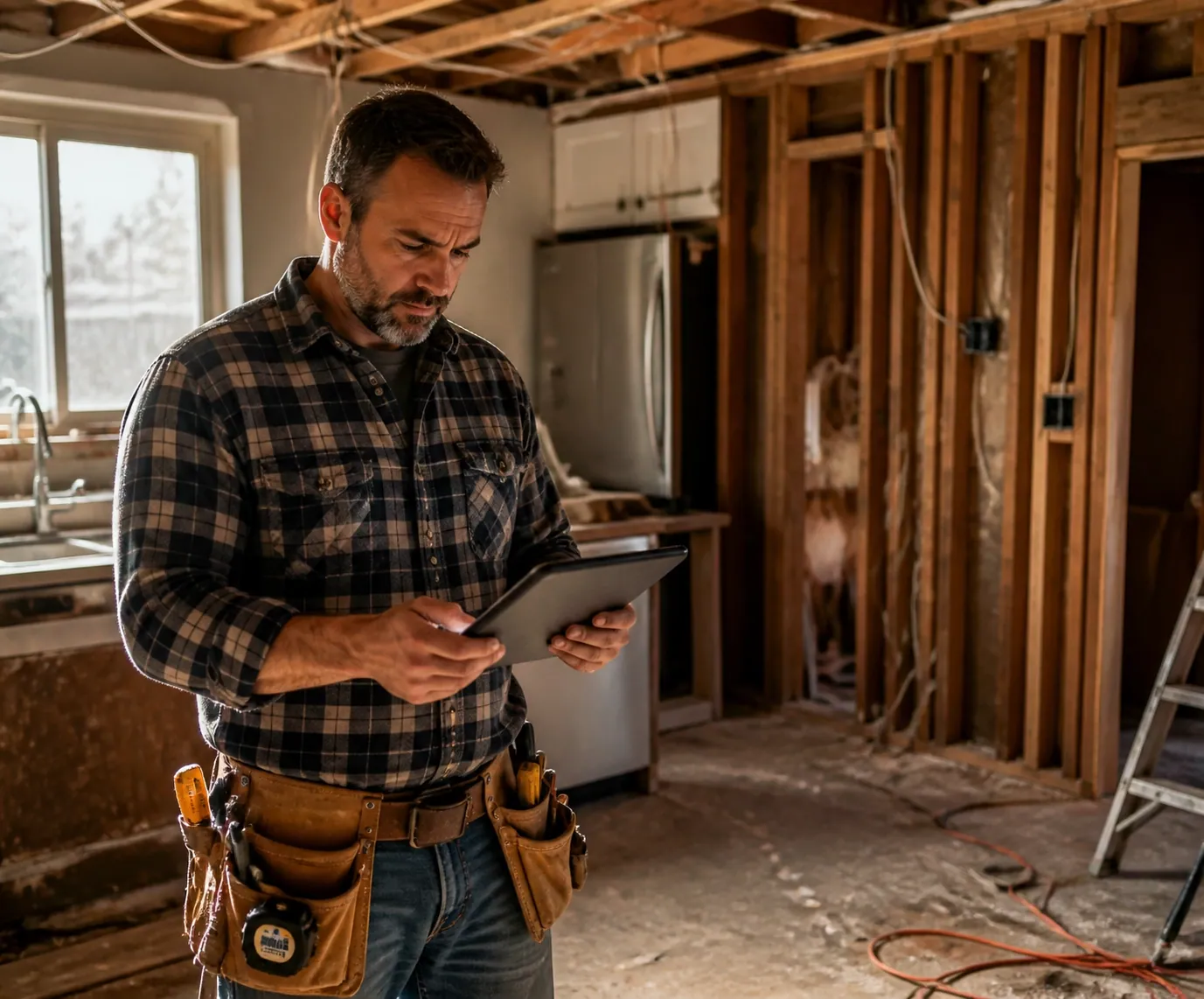 A contractor managing a complex renovation, illustrating website project scope creep and budget issues.