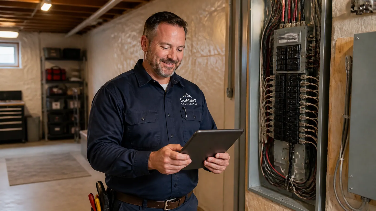 An electrician looking at a tablet, focused on his work while his AI systems handle incoming calls