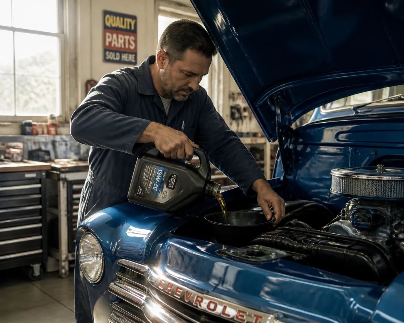 Mechanic performing an oil change, symbolizing regular website maintenance for local small businesses.