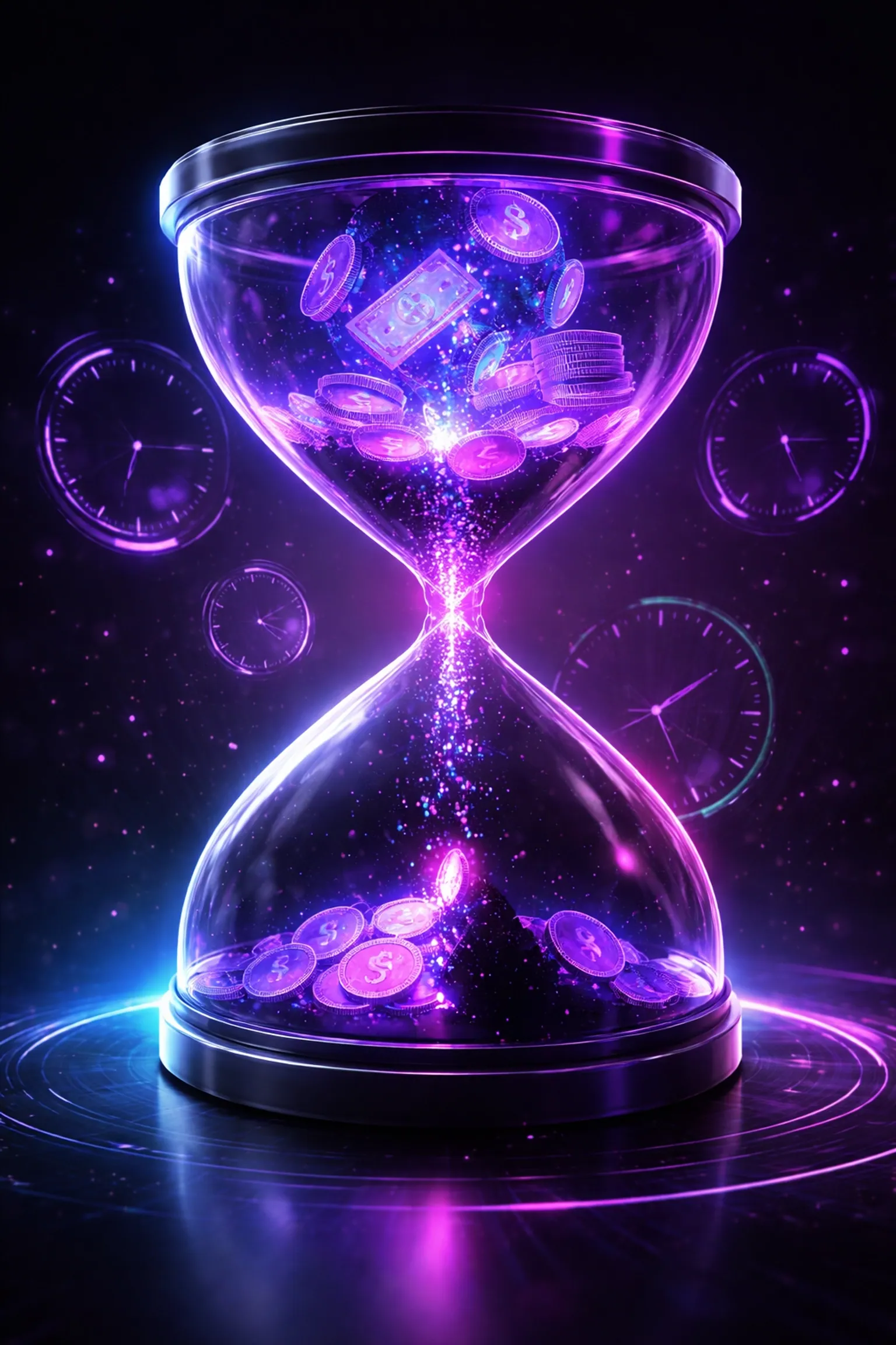 Neon-lit hourglass symbolizing wasted time and money from website maintenance tasks, emphasizing opportunity cost for small business owners.