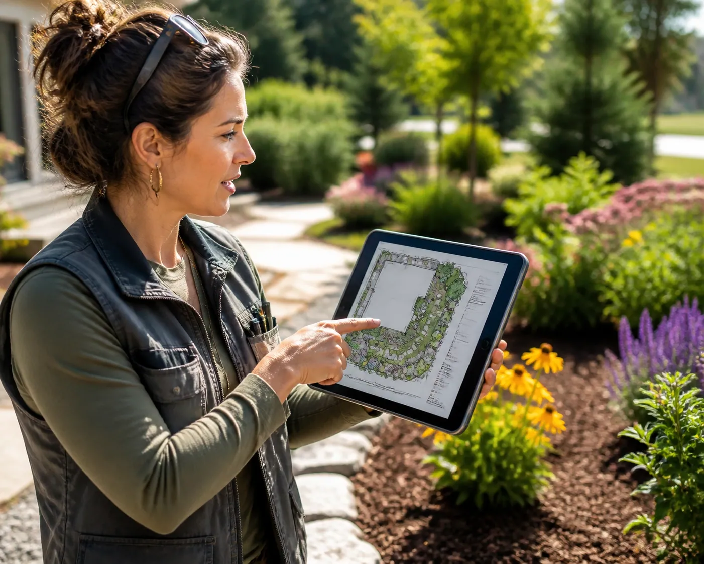 A landscape designer using a tablet to provide clear visual feedback for a website project.