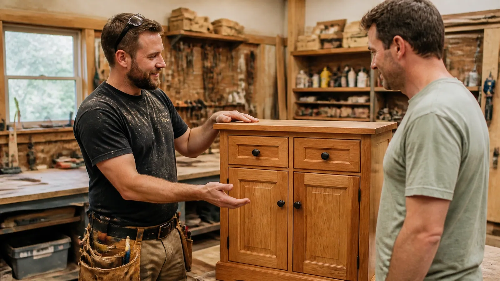 A carpenter showing a finished project to a happy client