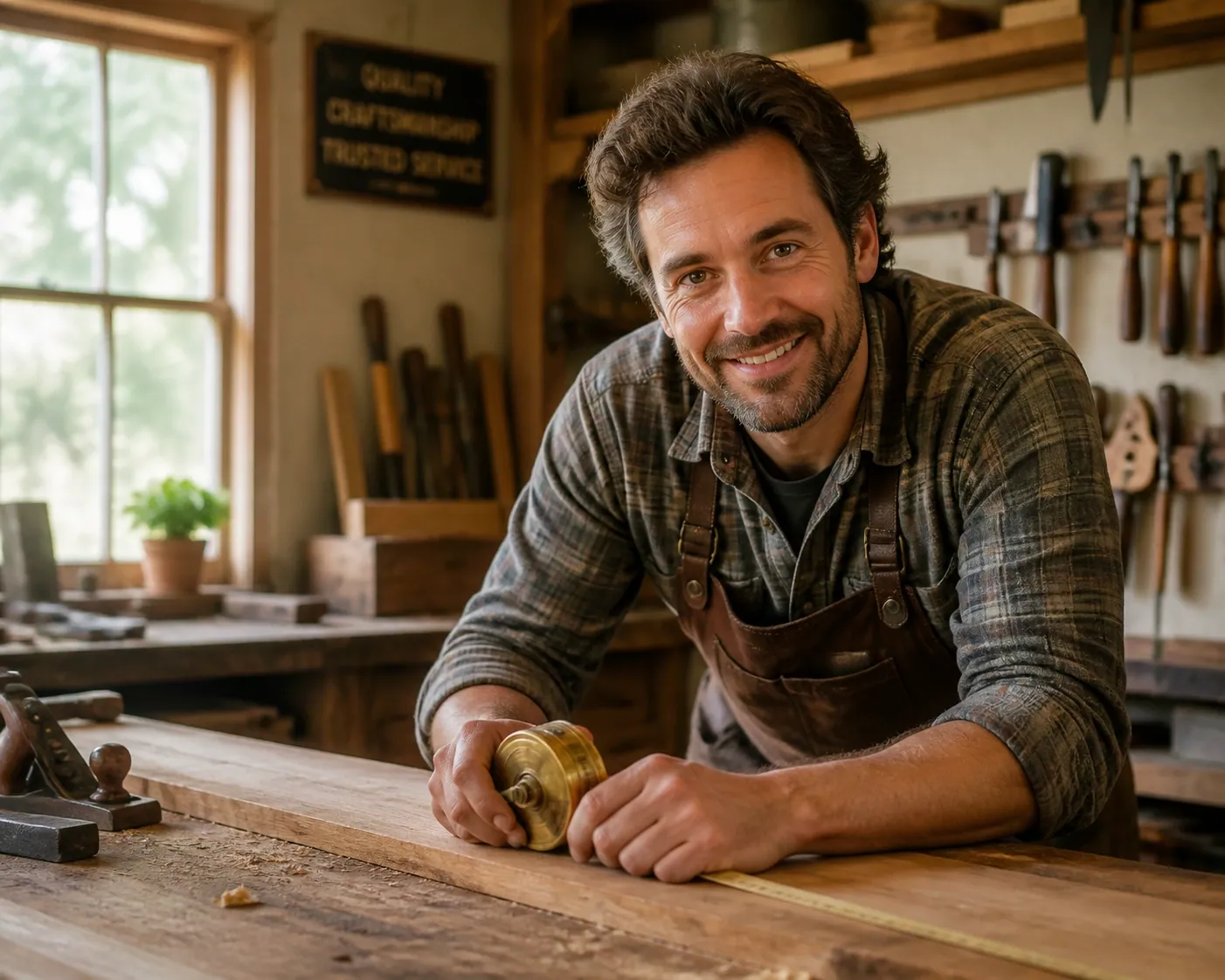 Professional local carpenter in his workshop representing a verified and trustworthy service business.