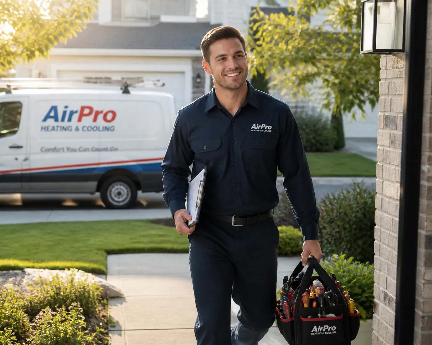 Professional HVAC technician arriving at a home, illustrating a reliable local service business.