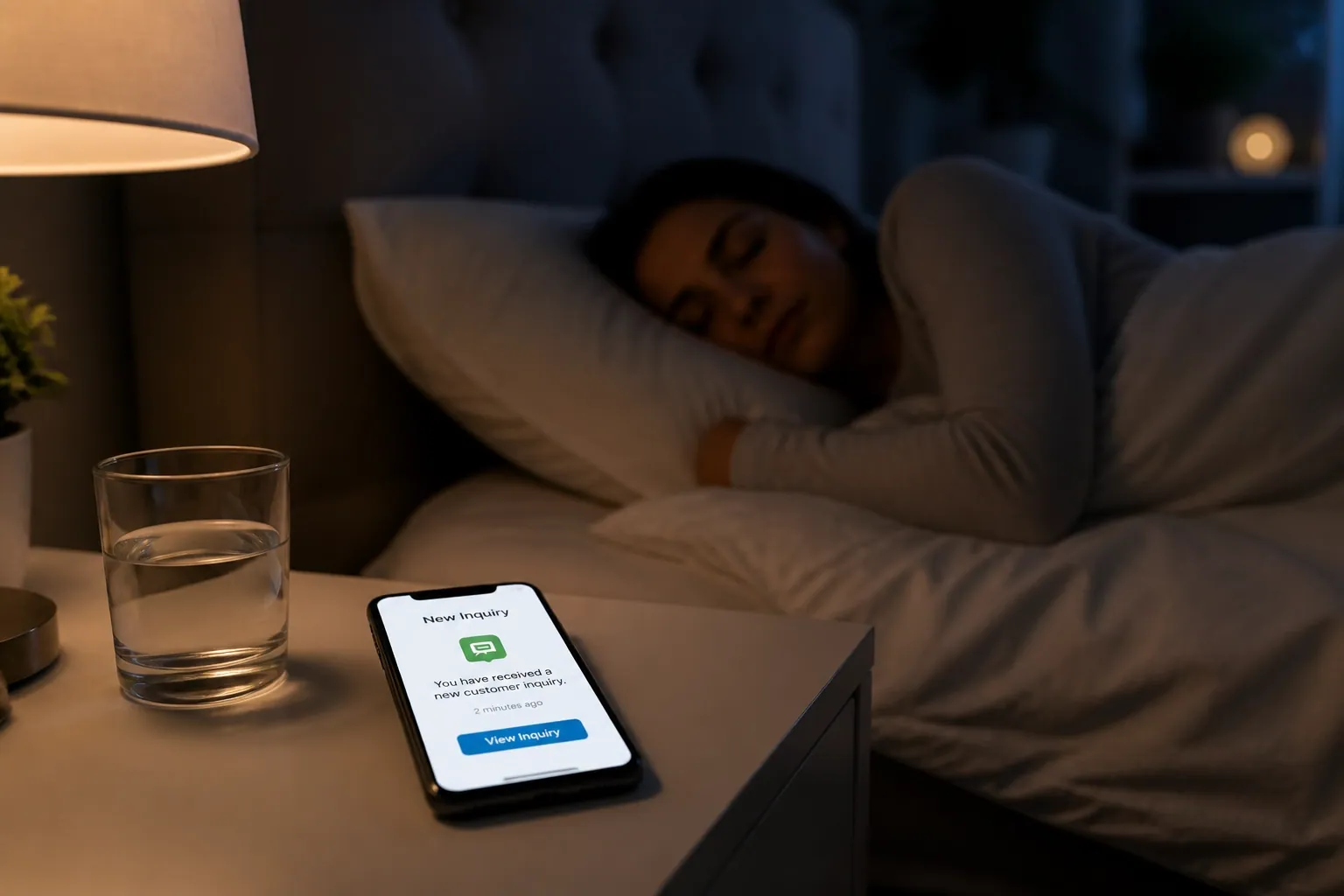 A glowing smartphone on a nightstand displaying a new customer lead captured by AI automation at night.