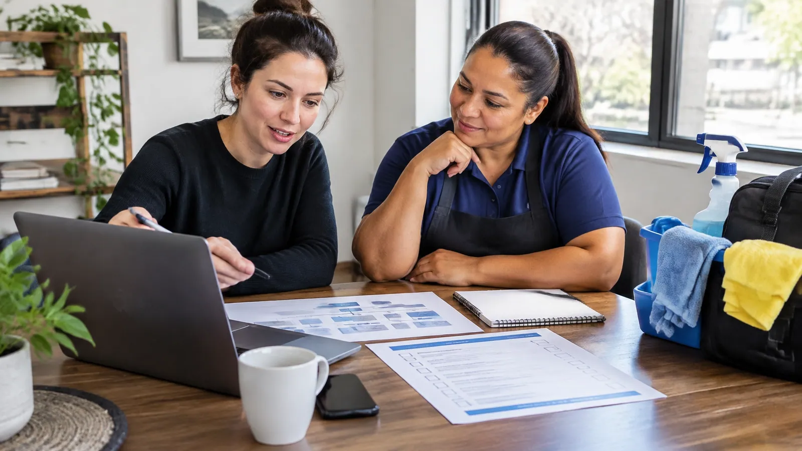 Website designer and cleaning business owner reviewing a sitemap and service-page checklist