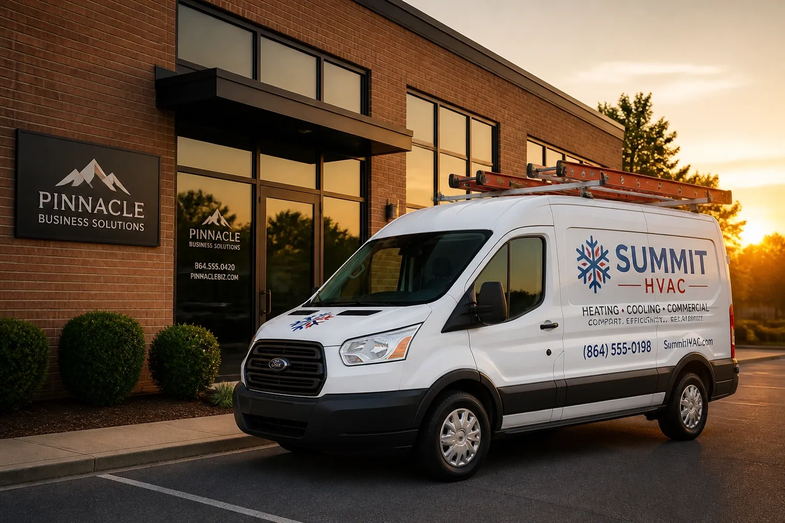 Commercial HVAC service van at a job site, highlighting local SEO and website maintenance service benefits.