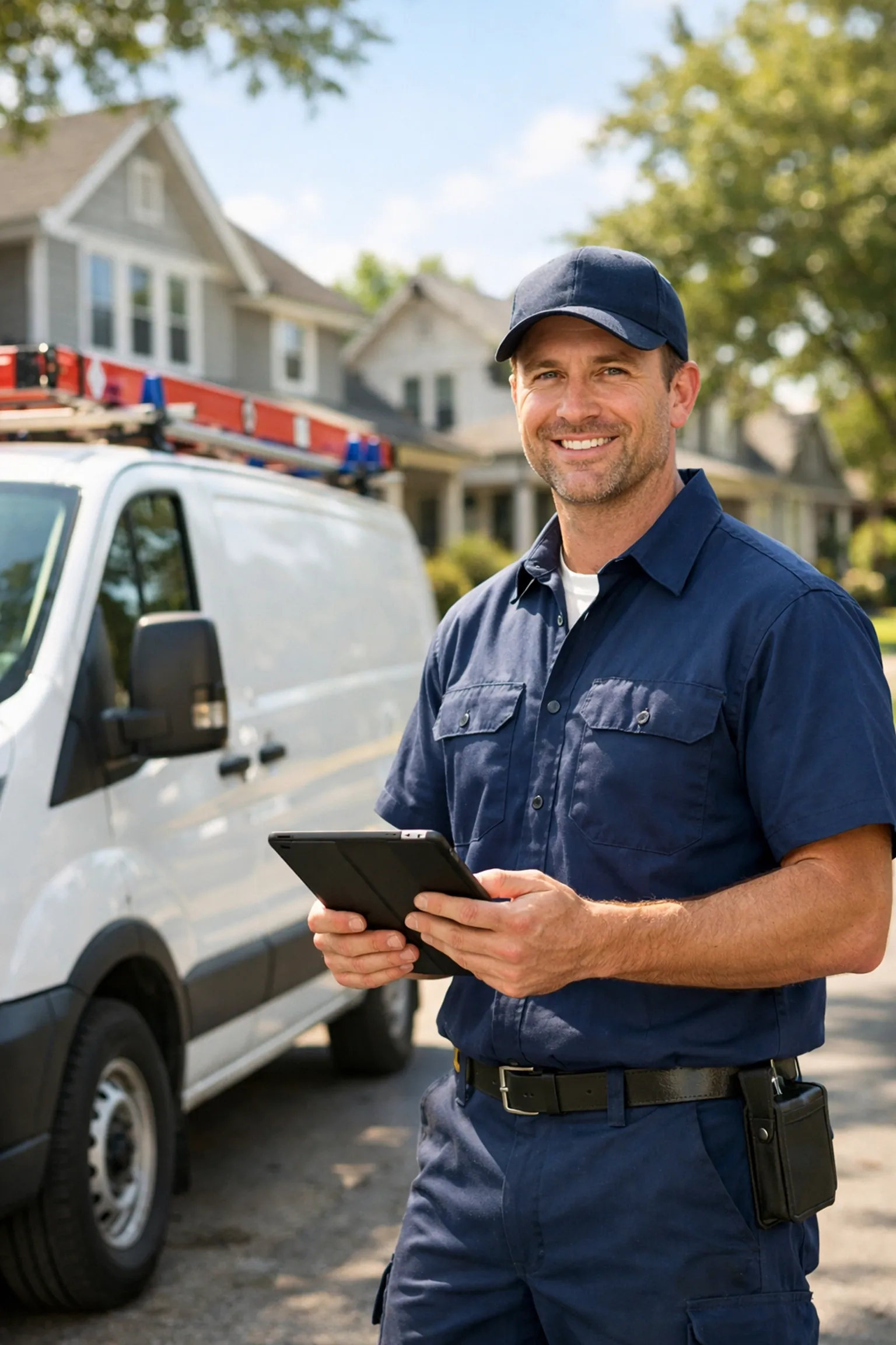 Local plumber in uniform checking service inquiries on a tablet to boost neighborhood leads.