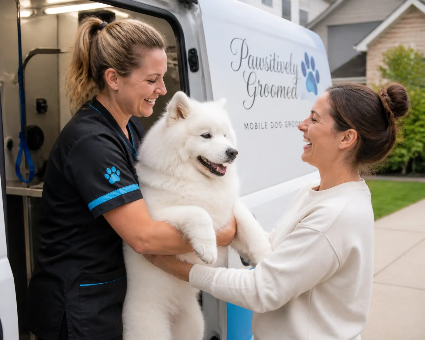 Happy customer with mobile dog groomer, showing the type of quality service that earns 5-star Google reviews.