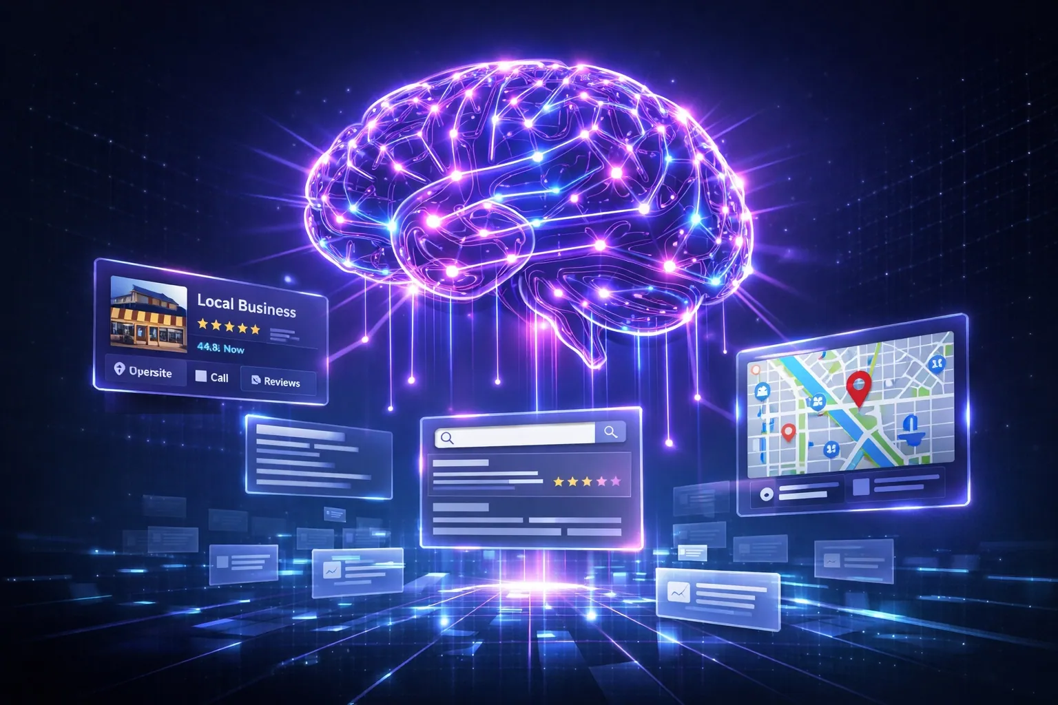 AI search technology connecting business websites to local search results and customer queries