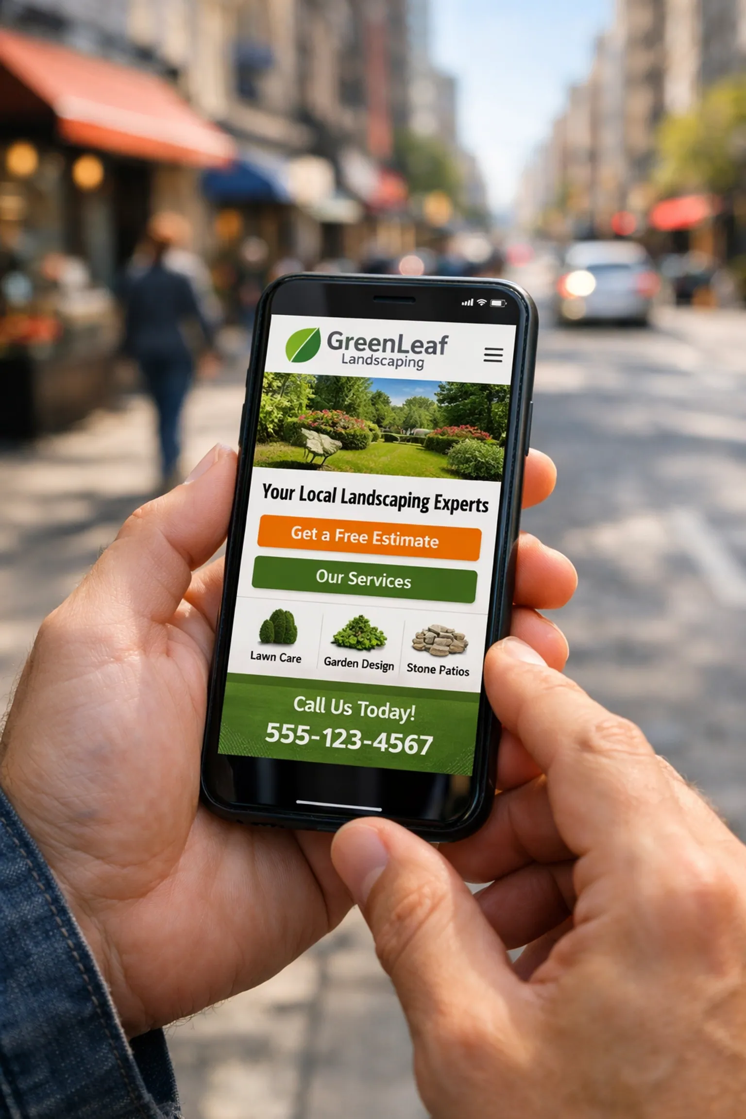 User browsing a mobile-responsive website for a local landscaping service on a smartphone.