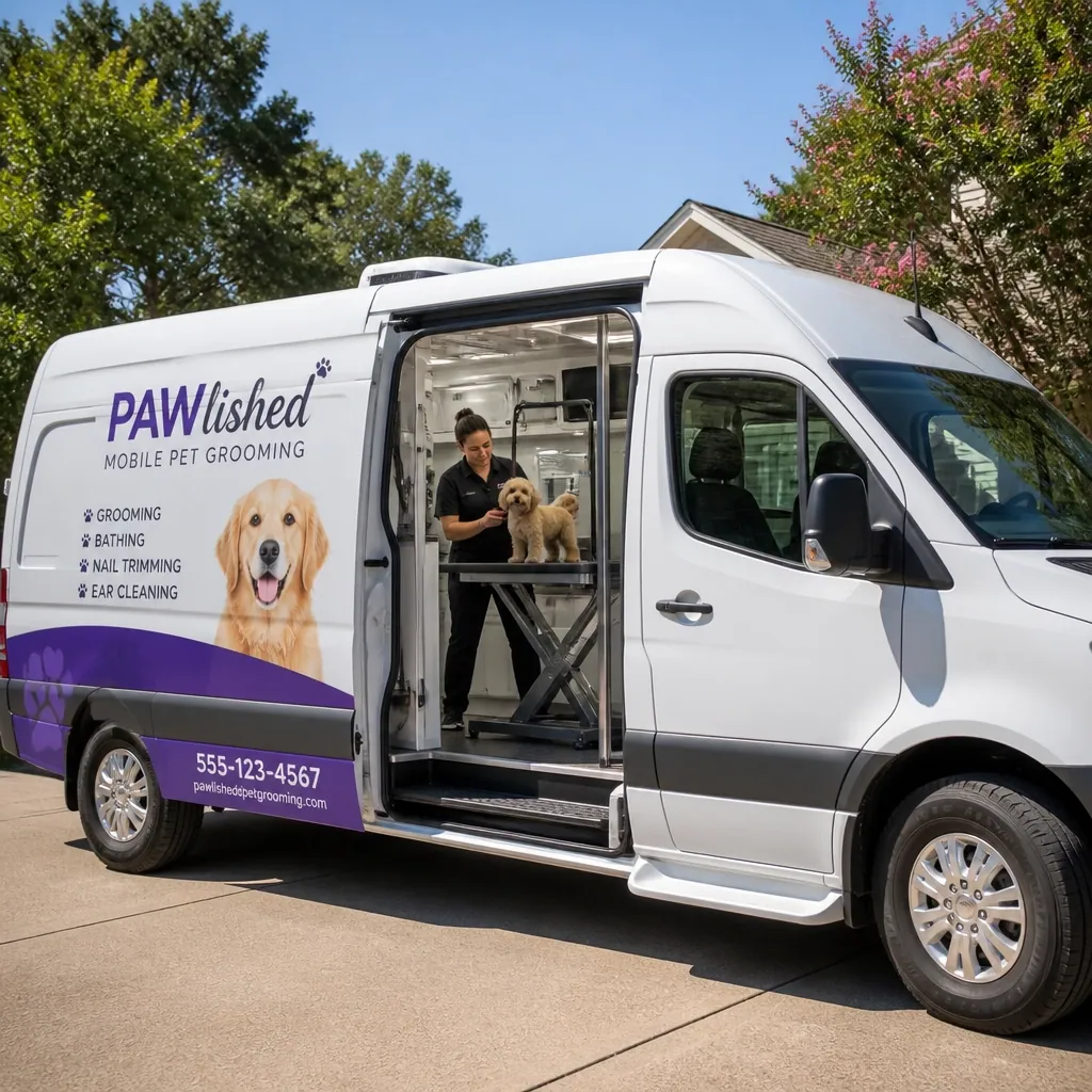 Mobile dog grooming van in a driveway