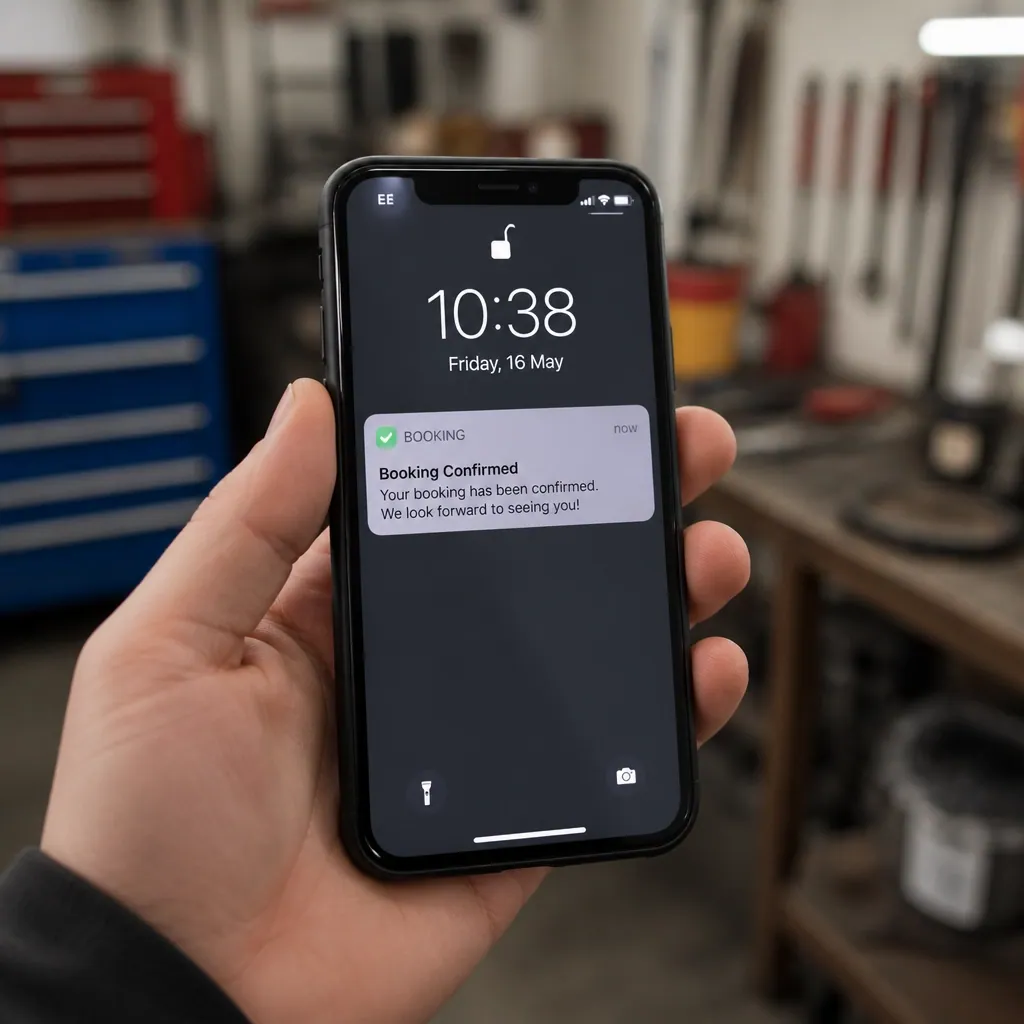 A smartphone showing a confirmed appointment notification for a service job
