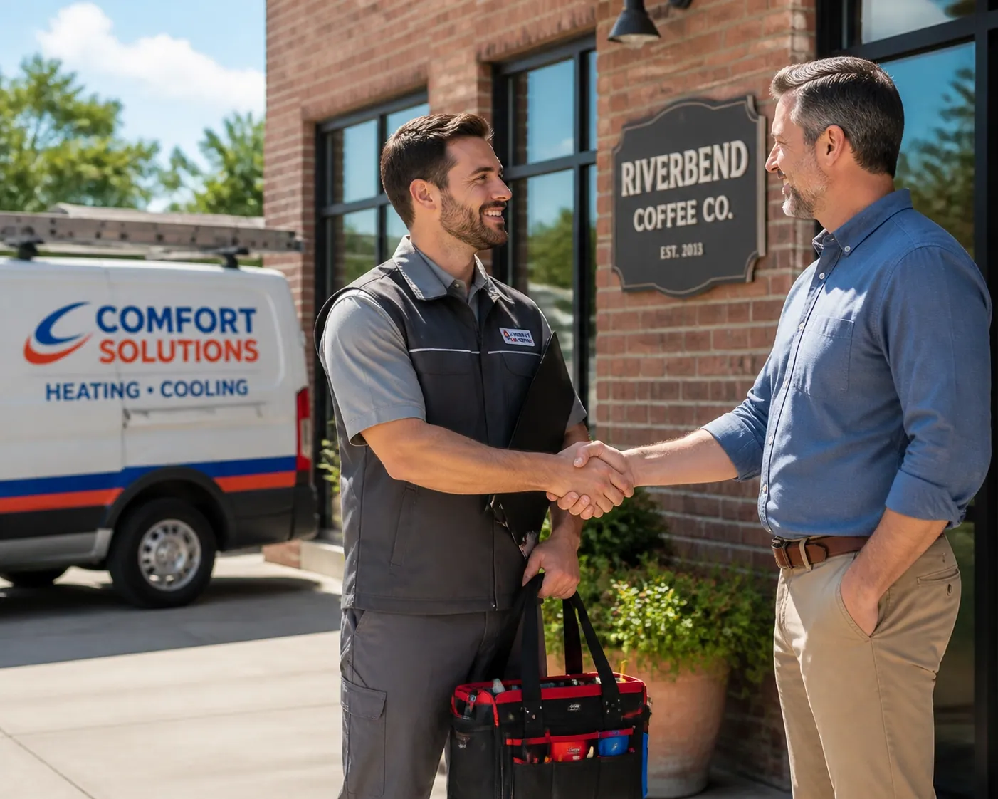 A business owner and service technician shaking hands after a successful project collaboration.