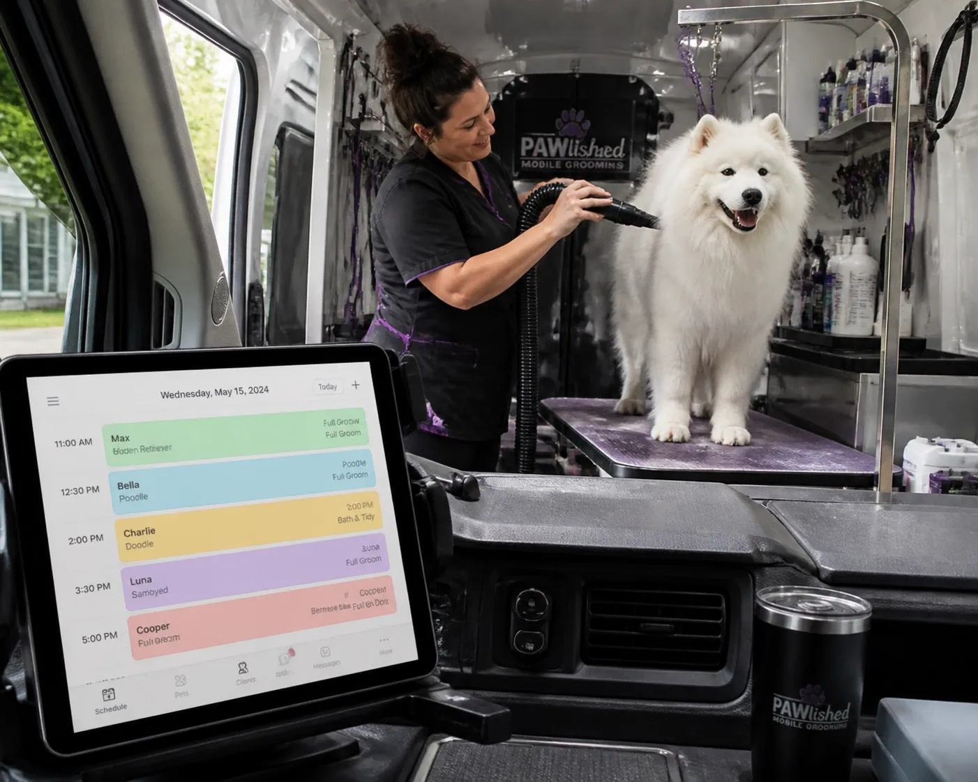Mobile dog groomer working in a van with a digital scheduling tablet managing client appointments.