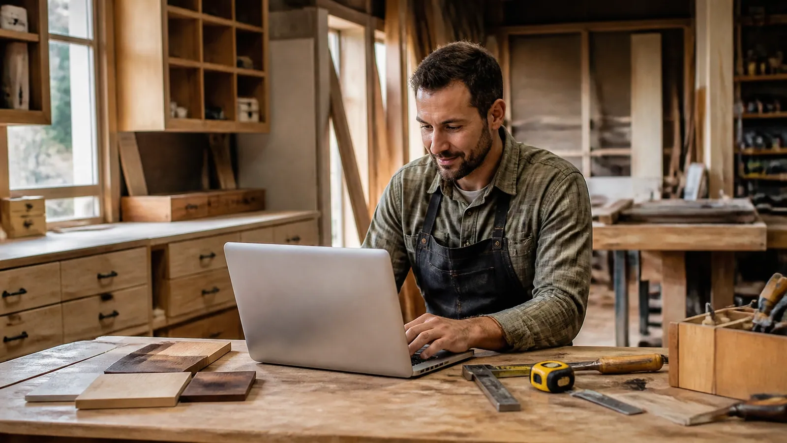 Carpenter reviewing website project photos and service information on a laptop in a working shop